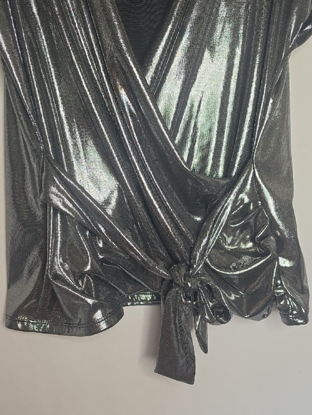 New York & Company 7th Avenue Metallic Silver Wrap Top M Back Tie Blouse - Picture 3 of 7